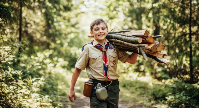 Boy scout carrying firewood in forest Sunny day