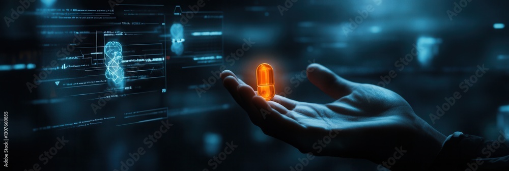 Leinwandbilder glowing capsule held in darkness with medical holograms and cyberpunk lighting creating a futuristic