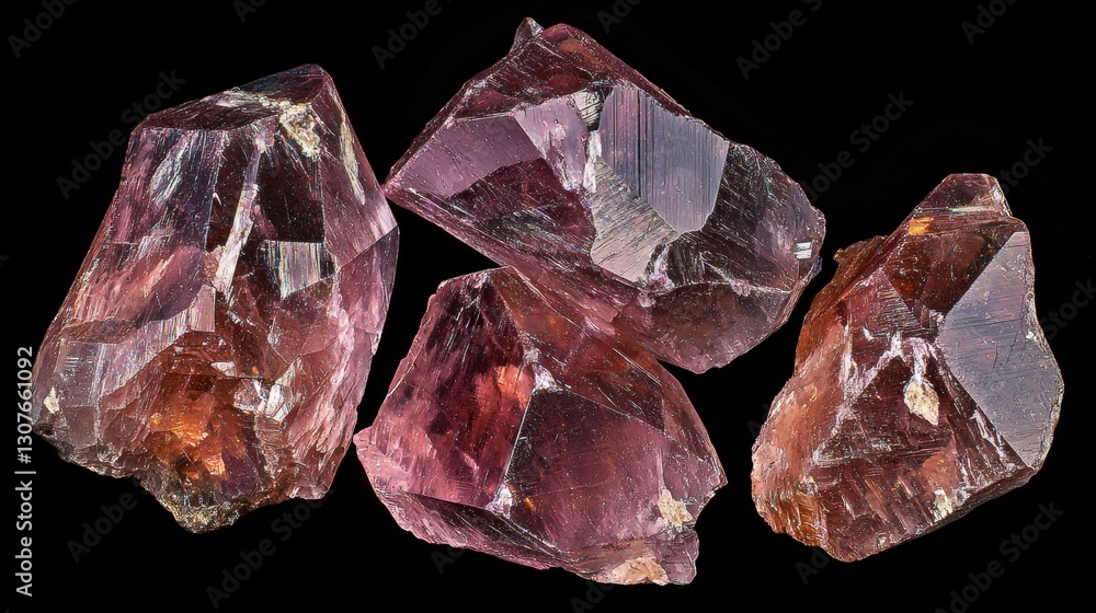 Poster four pieces of crystal on a black background. the crystals are arranged in a triangular formation, w