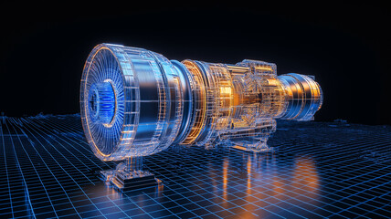 3D rendering of clear glass jet engine with intricate details and glowing elements, showcasing advanced technology and design. futuristic look emphasizes precision and innovation