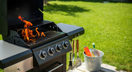 Lit outdoor grill with flame, utensils, and drink bucket in backyard