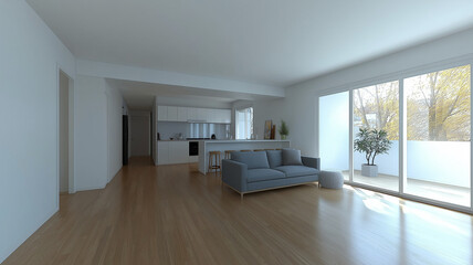 Fototapeta premium Modern living room interior with sofa, kitchen, and large windows. Bright and airy space featuring wooden flooring and natural light. Ideal for relaxation and social gatherings