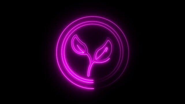 glowing neon vegan icon isolated on black background. Sustainable business concept animation. Plant-Based Symbol Animation on Black Background"