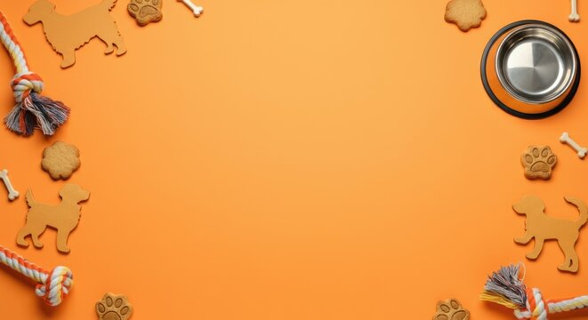 Pet-themed frame with toys, treats, and empty bowl on orange background