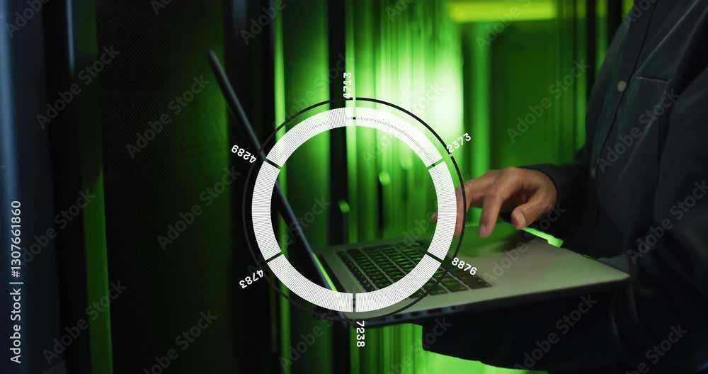 Poster using laptop in server room, person analyzing data with animation overlay
