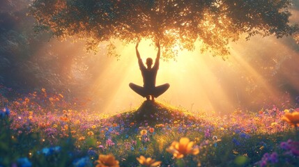 A group of men transitioning between yoga poses in a sunlit meadow, faces full of joy 