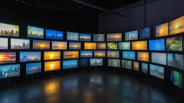 Multimedia installation featuring large video screens showcasing vibrant cityscapes and sunsets, creating immersive visual narrative within darkened gallery environment