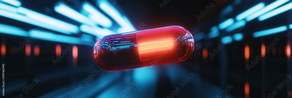 Aufkleber Floating neon cyberpunk pill in dark void with futuristic lighting and sci fi medical aesthetics Generative AI