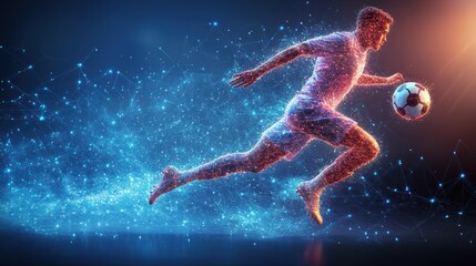 Naklejka premium Futuristic Soccer Player Dribbling Ball in Abstract Network Arena
