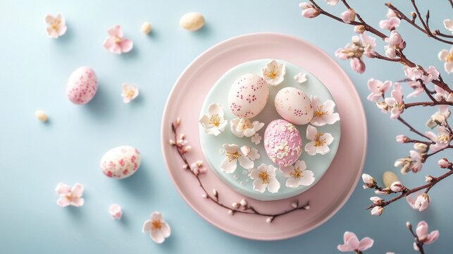 Festive spring cake adorned with decorative eggs and cherry blossoms for Easter celebration