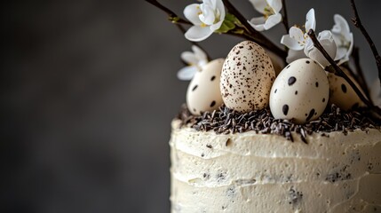 Obraz premium Festive dessert featuring decorative eggs and flowers on a layered cake for a spring celebration