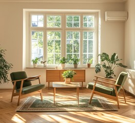 Fototapeta premium Sunny, modern living room with large windows, wooden furniture, and potted plants.