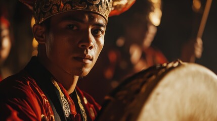 Close-up of an Indonesian drummer playing traditional music with intense gaze