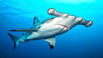 Obraz premium A hammerhead shark swimming underwater, notable for its distinctive hammer-shaped head and streamlined body. Concept Hammerhead Shark, Underwater Habitat, Unique Head Shape, Marine Life