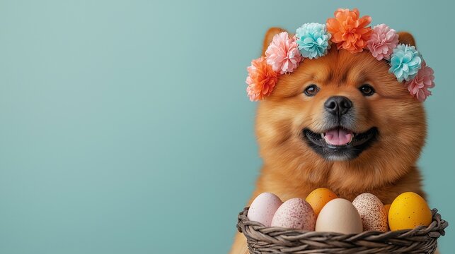 chow chow with a wreath of spring flowers on his head on a green background holds a basket with eggs,Easter
