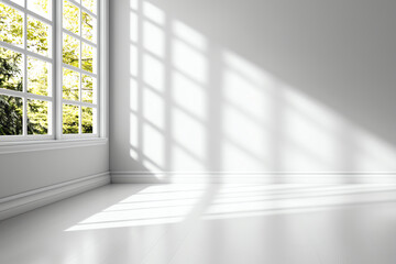 Fototapeta premium Bright sunlight casts shadows on white wall, creating serene atmosphere in spacious room. greenery outside adds touch of nature to interior space