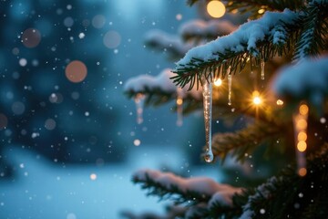 Sparkling icicles hanging from the Christmas tree, shine, sparkle, ice