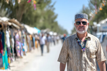 Middle-aged man in traditional hat walks near bustling outdoor market, sunny day, blurred background. Use travel blog, cultural representation