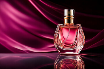 Elegant shape glass spray perfume bottle on glass floor and pink curtain background.
