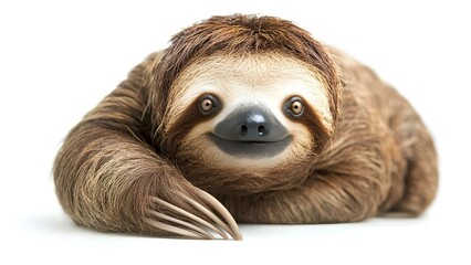 Fototapeta premium A smiling sloth, featuring its signature long claws and a furry body, resting and looking directly at the viewer. Concept Smiling Sloth, Signature Long Claws, Furry Body, Direct Eye Contact
