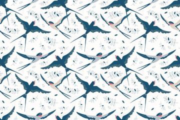 Seamless pattern with graceful swallows in flight and twigs with leaves. Gray, dark blue, coral, beige colors.
For textiles, fashion, wallpaper, wrapping paper, notebooks.