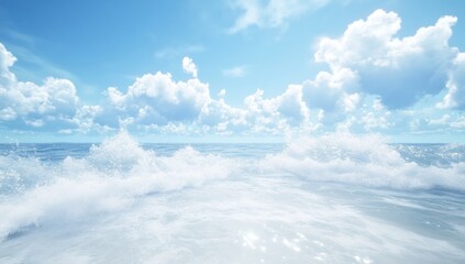 Fototapeta premium Sunny ocean waves and blue sky with fluffy clouds.