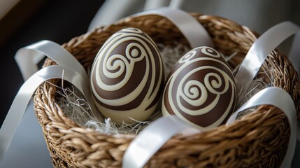 Decorative chocolate eggs in a woven basket with elegant swirls and ribbons placed indoors during spring celebrations