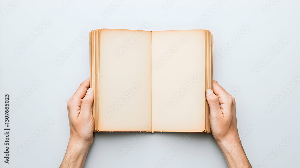 Poster hands holding open blank book with empty pages on gray background