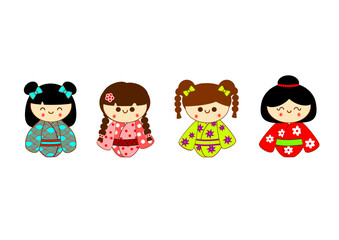 japanese dolls isolated on white, kokeshi