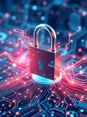 Rustic Padlock Resting on Complex Circuit Board Representing Security and Technology Convergence