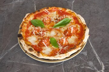 A pizza with cheese and meat toppings sits on a plate