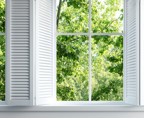 bright and airy view through white wooden window with shutters, showcasing lush green trees outside, creating refreshing and serene atmosphere