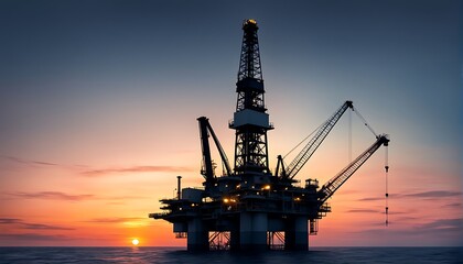 Obraz premium Offshore oil drilling platform during a vibrant sunset over a calm ocean