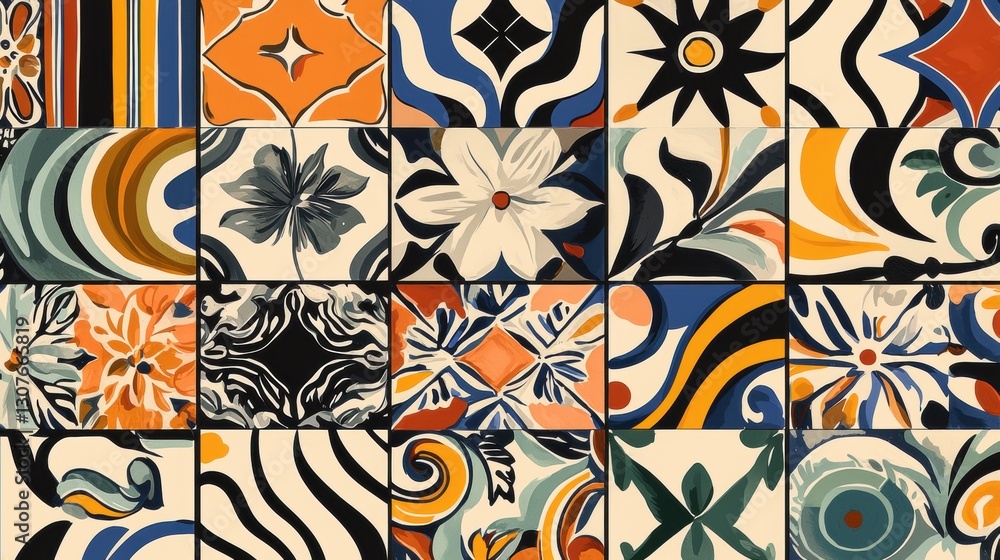 Poster collage of 16 square tiles arranged in a grid-like pattern. each tile has a unique design with diffe