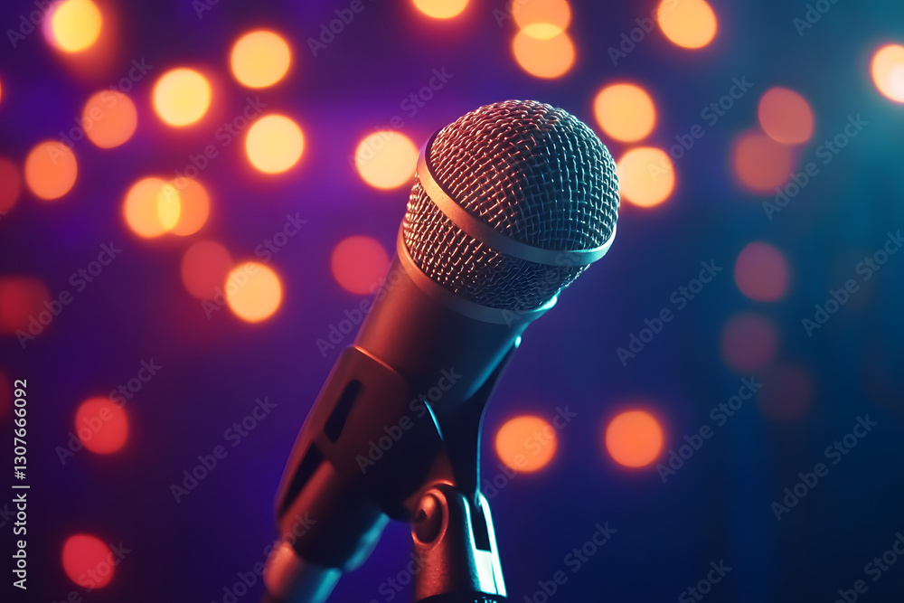 Poster microphone with bokeh light background stand up comedy show karaoke or singing contest background fo