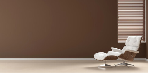 Modern interior design with white lounge chair against brown wall. minimalist style creates calm and inviting atmosphere, perfect for relaxation