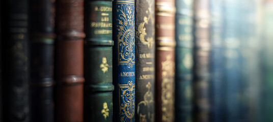 Old books close-up. Title of the book is printed on the spine, book cover. Tiled Bookshelf background. Concept on the theme of history, nostalgia, old age, library. Macro photo. Very shallow focus. © Tryfonov