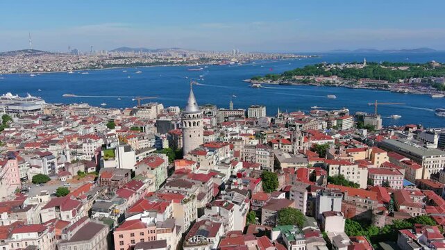Istanbul, Turkey: Aerial view of largest Turkish city, famous historic landmark Galata Tower (Galata Kulesi), summer day with clear blue sky - landscape panorama of Europe / Asia from above

