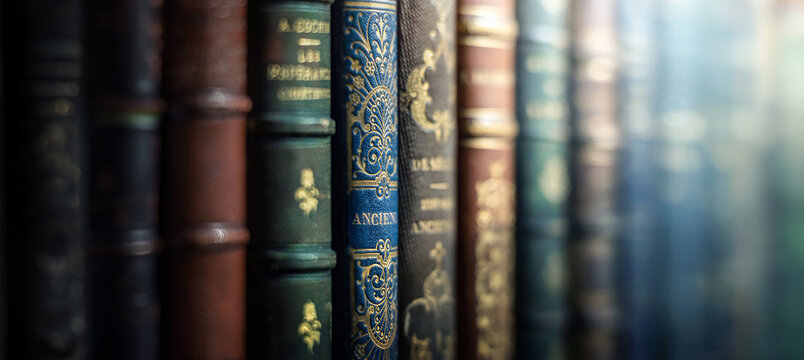 Old books close-up. Title of the book is printed on the spine, book cover. Tiled Bookshelf background. Concept on the theme of history, nostalgia, old age, library. Macro photo. Very shallow focus.