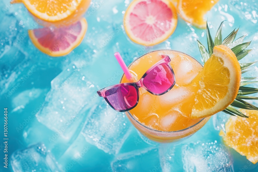 Poster refreshing citrus beverage with sunglasses on ice in a vibrant blue background during a sunny day ge