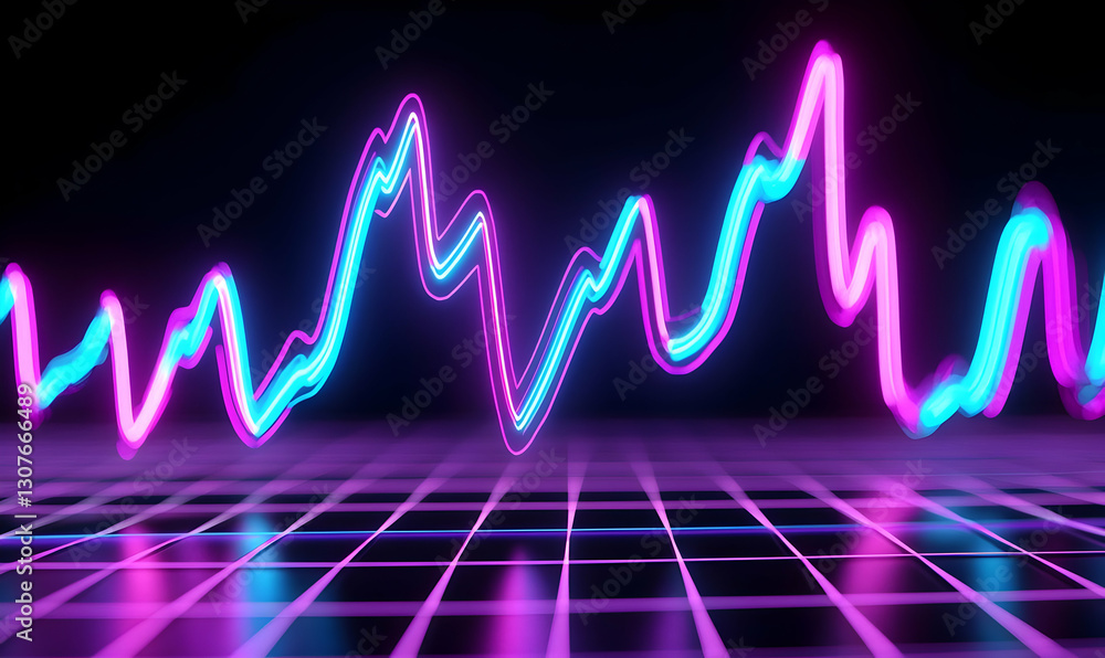 Poster colorful neon waveform on dark background for digital design concepts