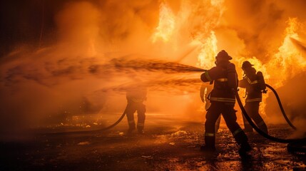 Firefighters battle intense flames using powerful hoses during a nighttime emergency response operation
