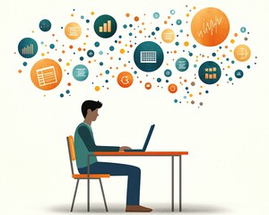 virtual learning, e learning, digital study, A student sitting at a desk with a laptop, engaging in an interactive e learning session with visual elements like graphs, charts, quizzes floating around.