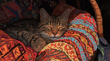 Illustration of a cat sleeping peacefully on a colorful blanket. the cat is lying on its side with its head resting on a woven basket.