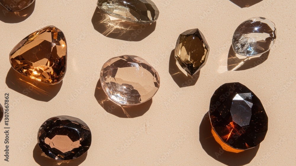 Poster group of nine different types of gemstones arranged in a scattered manner on a beige background. the