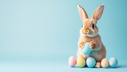 Obraz premium Cute Easter bunny holding pastel-colored Easter eggs on a light blue background, perfect for Easter-themed designs and decorations