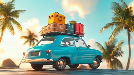 Vintage Blue Car Loaded with Luggage: Tropical Getaway
