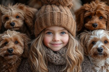 Smiling kids and happy dogs capture a joyful close-up selfie outdoors on a sunny day