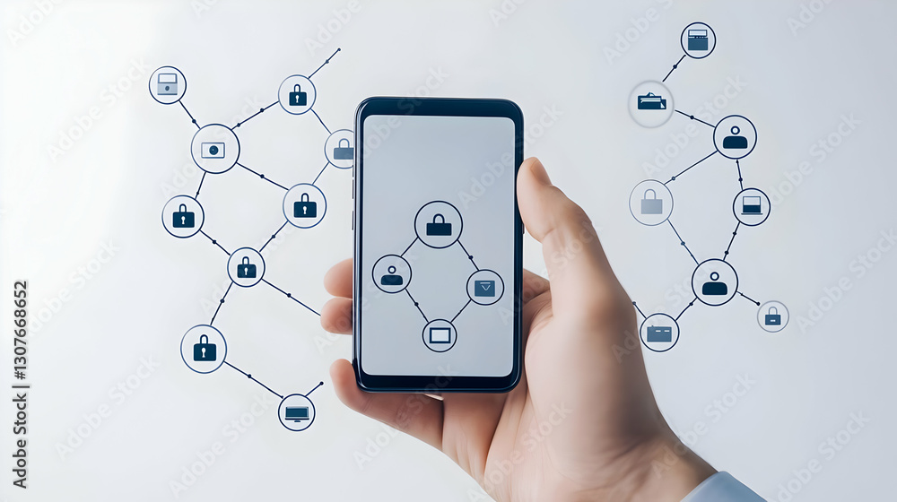 Poster hand holding smartphone with network and connection graphics