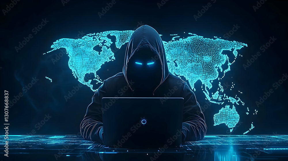Aufkleber mysterious hacker in dark hoodie with laptop and world map background